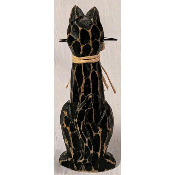Hand Carved Cat Figure Wooden Black Rustic Distressed Folk Art Raffia Ribbon Vtg - Picture 3 of 16